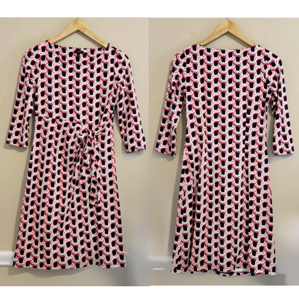 Talbots Side Tie Swirl Dress SP Pink Blue Wave Geo Print Faux Wrap Small Petite - Picture 7 of 9